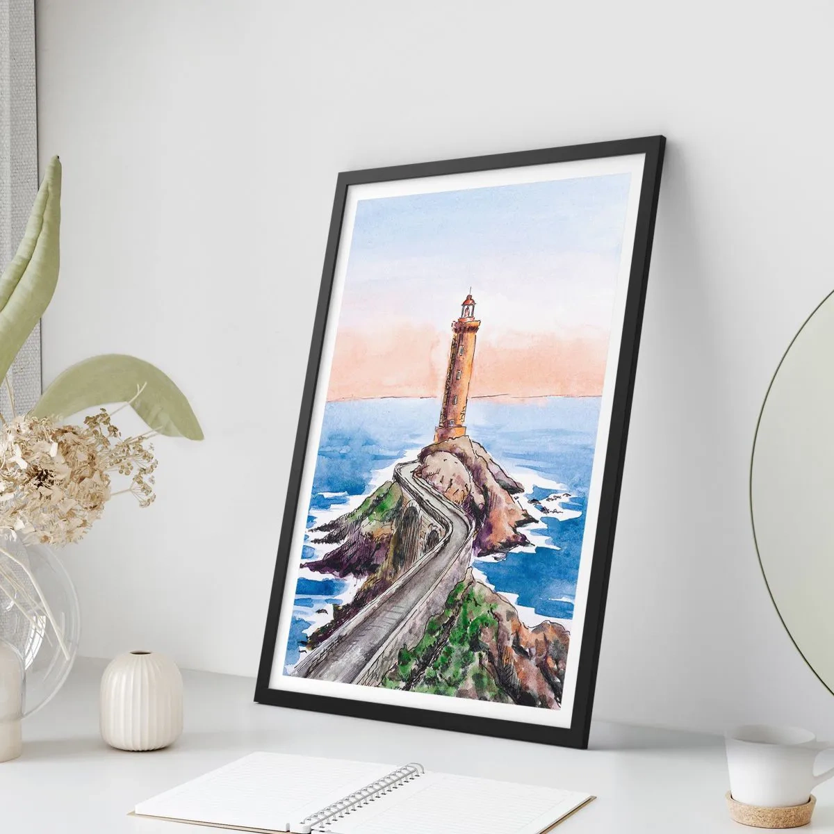 Poster in cornice nera - Illustrazione ad acquerello di un faro su una costa rocciosa - 50x70cm - Rivolto verso il mare - Decorazione murale moderna per soggiorno e camera da letto ARTTOR