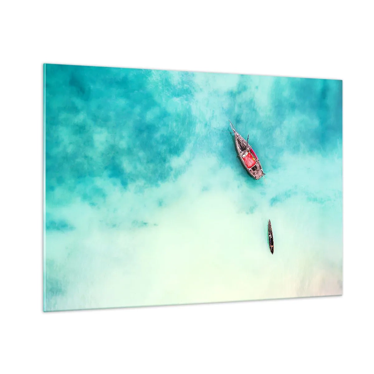 Quadro su vetro - Barche su acque azzurre in un ambiente tranquillo - 100x70cm - Nelle spiagge di Zanzibar, quando c'è troppa acqua... - Decorazione murale moderna per soggiorno e camera da letto ARTTOR