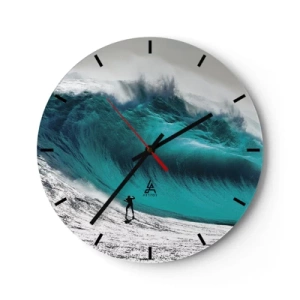 Orologio da parete - Orologio in Vetro - Un surfista di fronte a un'onda turchese gigante - 30x30cm - Sfida accettata - Decorazione murale moderna per soggiorno, cucina e camera da letto ARTTOR