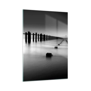 Quadro su vetro - Un molo minimalista in bianco e nero su acque calme - 50x70cm - Lontananza grigia nella nebbia - Decorazione murale moderna per soggiorno e camera da letto ARTTOR