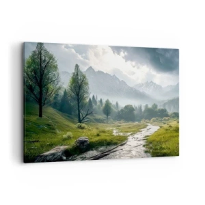 Quadro su tela - Stampe su Tela - Un paesaggio montano con un fiume e alberi circondati da montagne nebbiose - 100x70cm - Andata e ritorno - Decorazione murale moderna per soggiorno e camera da letto ARTTOR