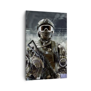 Quadro su tela - Stampe su Tela - Un soldato con un casco futuristico e una pistola sullo sfondo della tecnologia. - 80x120cm - Potenza al quadrato - Decorazione murale moderna per soggiorno e camera da letto ARTTOR