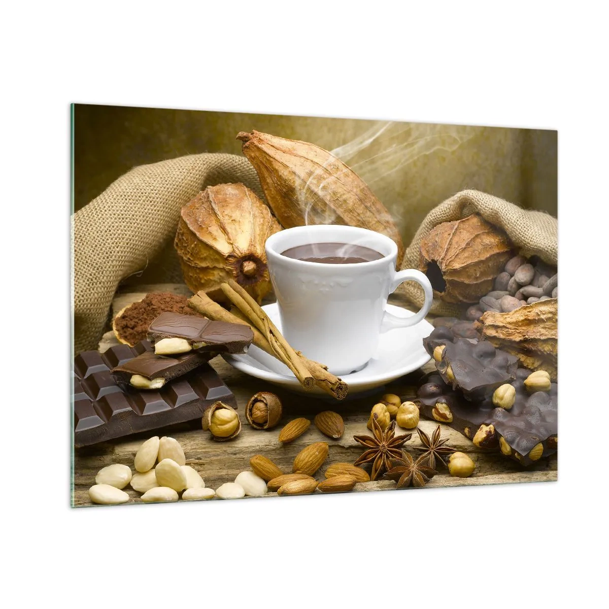 Quadro su vetro - Una tazza di cioccolata calda circondata da cioccolato e spezie - 100x70cm - Per i cercatori di emozioni - Decorazione murale moderna per soggiorno e camera da letto ARTTOR