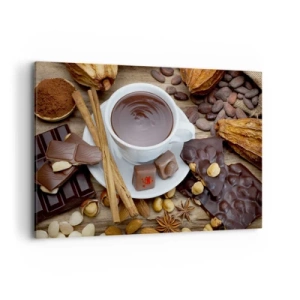 Quadro su tela - Stampe su Tela - Una tazza di cioccolata calda circondata da ingredienti per dessert - 120x80cm - Dalla fantastica fabbrica di cioccolato - Decorazione murale moderna per soggiorno e camera da letto ARTTOR