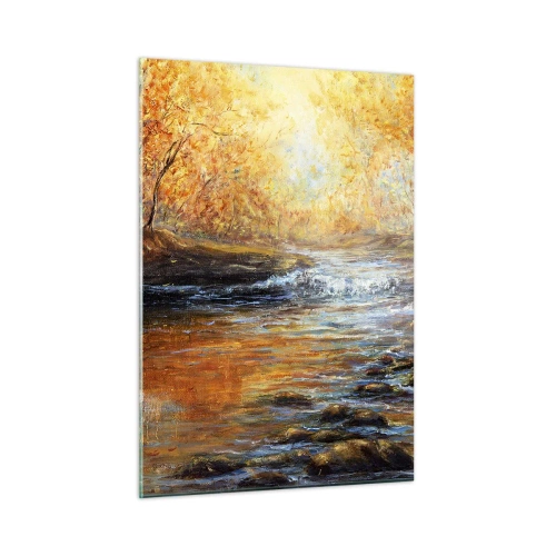 Quadro su vetro - Un ruscello dorato nella foresta circondato da alberi autunnali - 50x70cm - Ruscello d'oro - Decorazione murale moderna per soggiorno e camera da letto ARTTOR