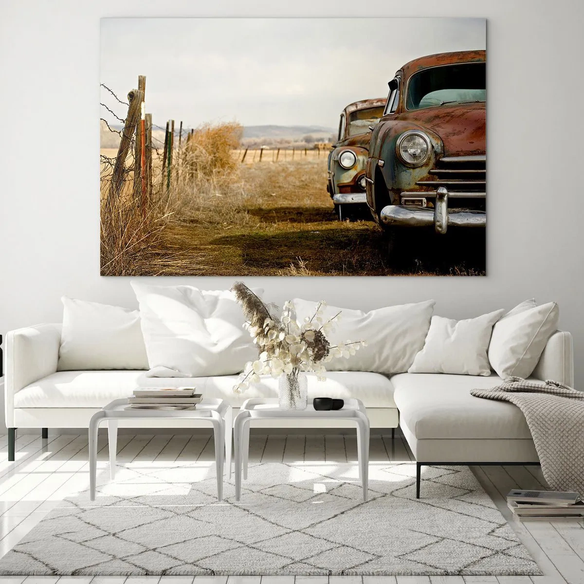Quadro su vetro - Auto d'epoca su una strada di campagna - 120x80cm - Meritato riposo - Decorazione murale moderna per soggiorno e camera da letto ARTTOR