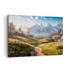 Quadro su tela - Stampe su Tela - Una valle di montagna con prati, rifugi e vista sulle cime - 120x80cm - Valle idilliaca - Decorazione murale moderna per soggiorno e camera da letto ARTTOR