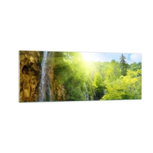Quadro su vetro - Una cascata che sfocia in un lago turchese circondato dal verde - 140x50cm - Così deve essere il paradiso - Decorazione murale moderna per soggiorno e camera da letto ARTTOR