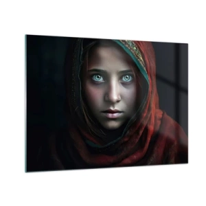 Quadro su vetro - Ritratto di una donna con una sciarpa rossa su uno sfondo scuro - 70x50cm - Principessa d'oriente - Decorazione murale moderna per soggiorno e camera da letto ARTTOR
