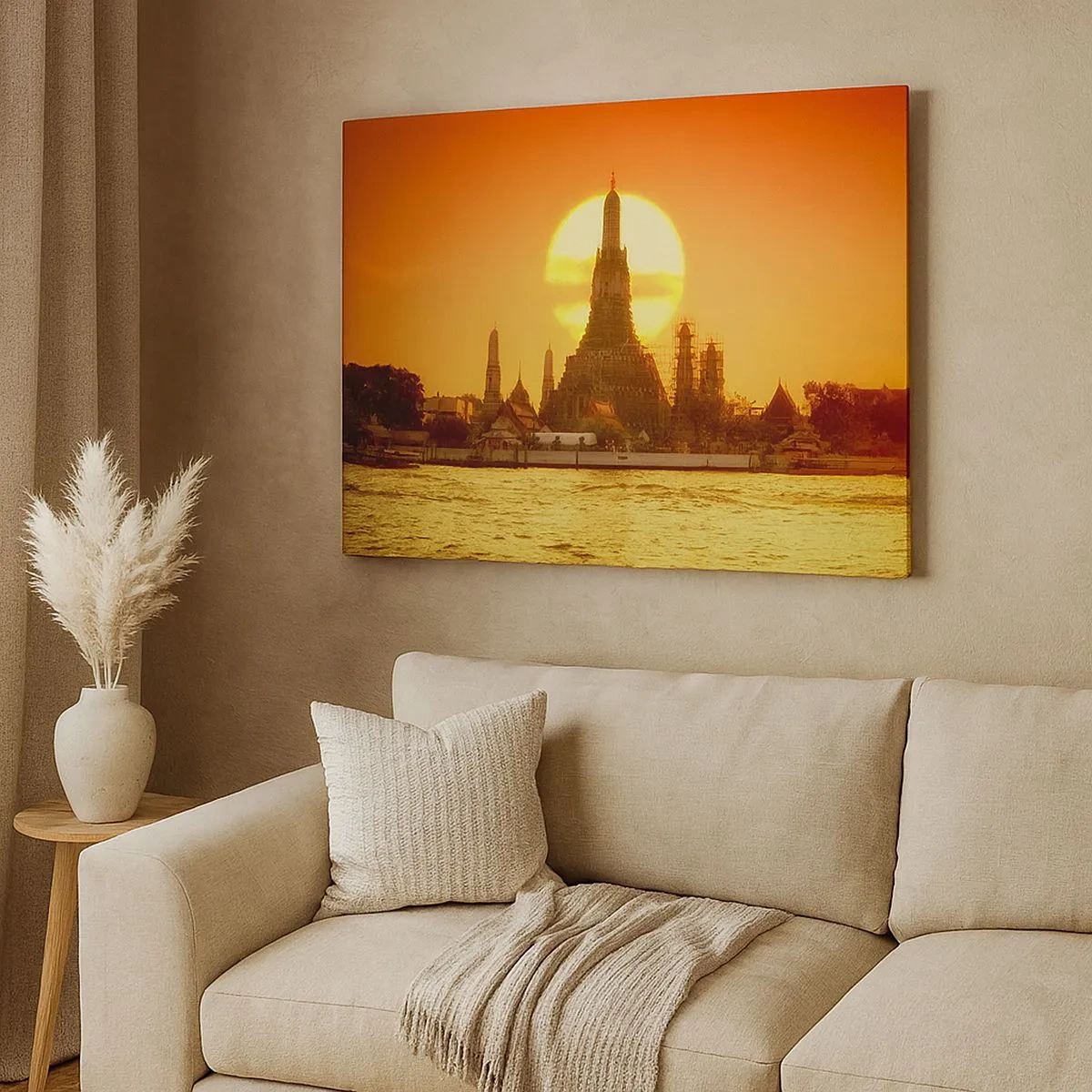 Quadro su tela - Stampe su Tela - Tramonto sul tempio con riflesso nell'acqua - 70x50cm - Verso il sole, sempre verso il sole - Decorazione murale moderna per soggiorno e camera da letto ARTTOR