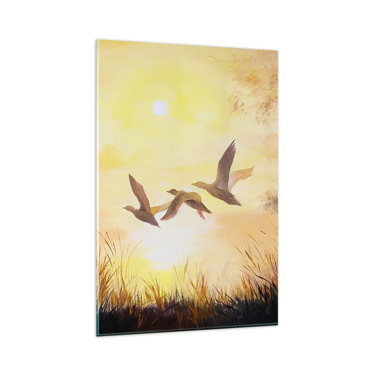 Quadro su vetro - Anatre che volano all'alba sul lago - 80x120cm - L'inizio di un lungo viaggio - Decorazione murale moderna per soggiorno e camera da letto ARTTOR