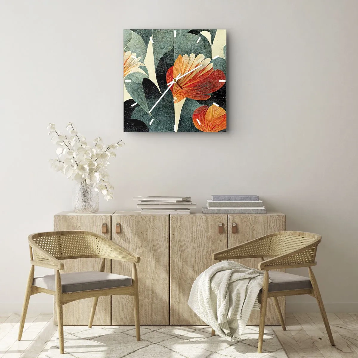 Orologio da parete - Orologio in Vetro - Fiori dalle intense tonalità di arancione e verde - 30x30cm - Caldo dei tropici e fresco del verde - Decorazione murale moderna per soggiorno e camera da letto ARTTOR