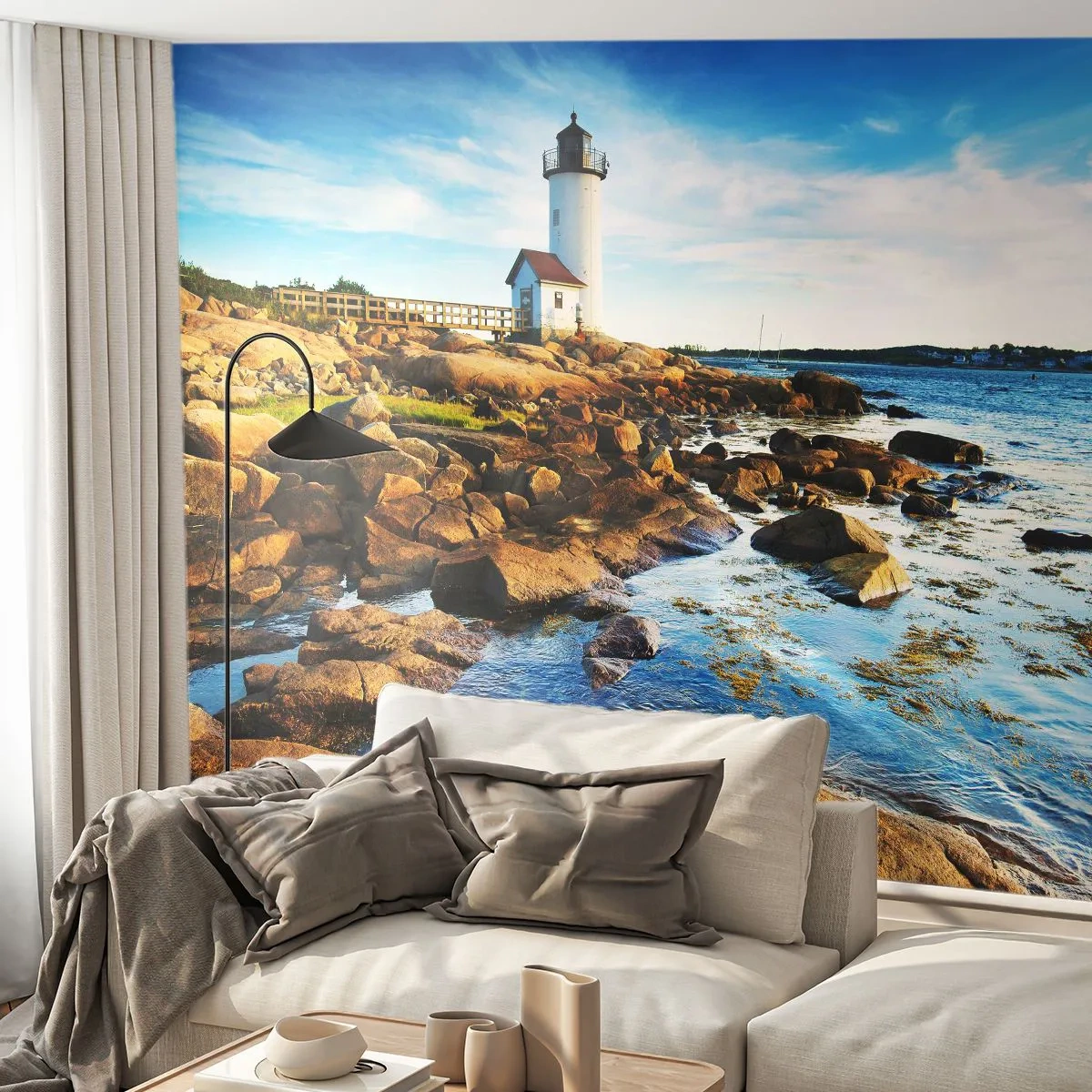 Fotomurali Premium Sand - Tornate sani e salvi, vi aspetto - Paesaggio, Faro, oceano Atlantico - 350x256 cm
