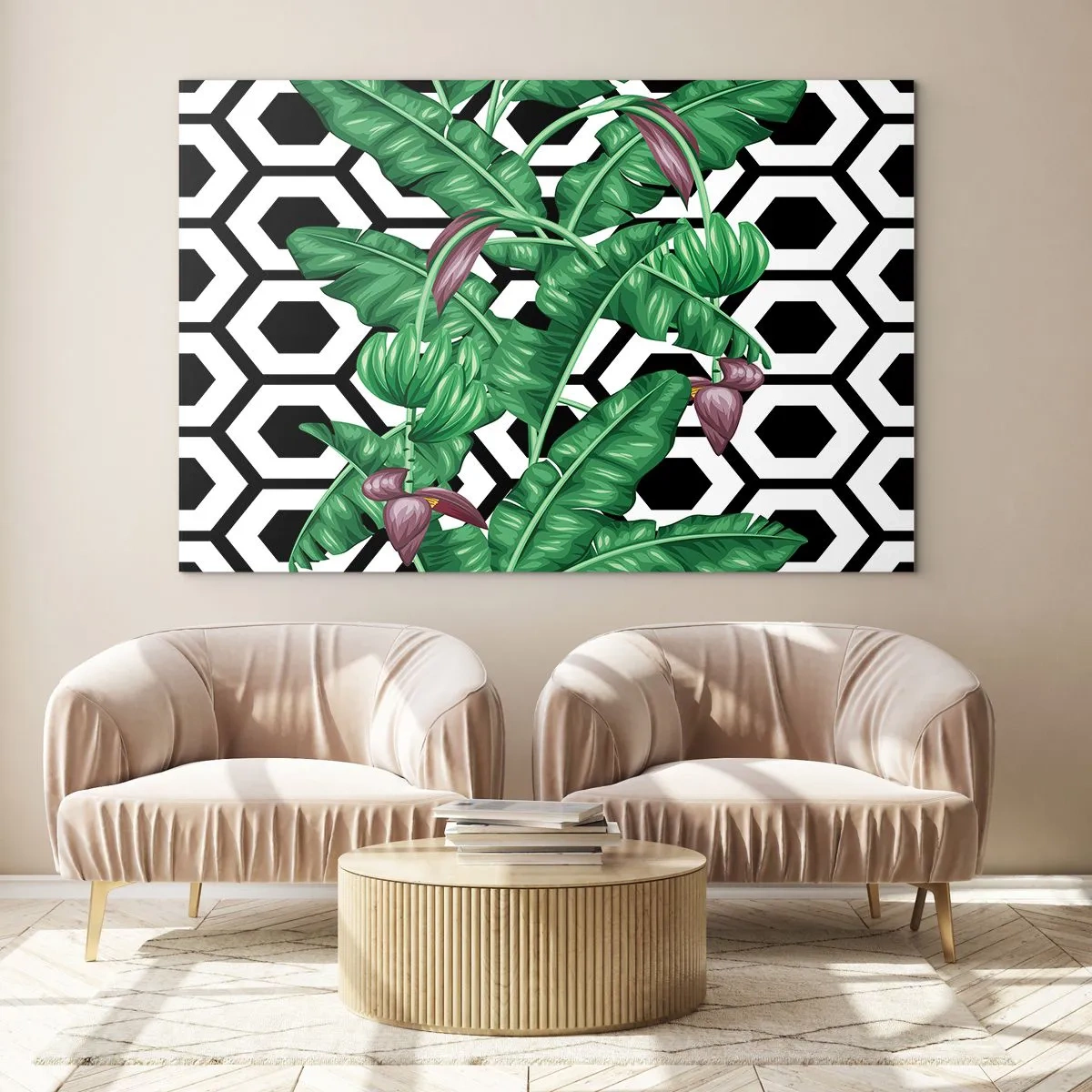 Quadro su vetro - Foglie e fiori tropicali su uno sfondo con motivo geometrico bianco e nero - 120x80cm - Composizione simmetrica con la natura - Decorazione murale moderna per soggiorno e camera da letto ARTTOR