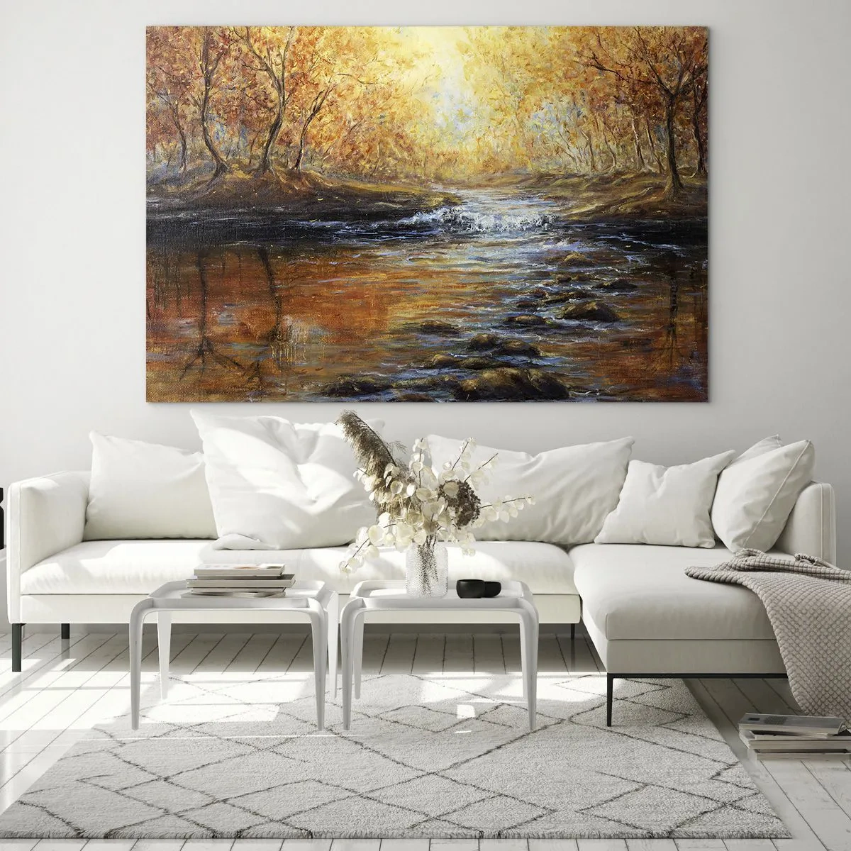 Quadro su vetro - Un ruscello dorato nella foresta circondato da alberi autunnali - 100x70cm - Ruscello d'oro - Decorazione murale moderna per soggiorno e camera da letto ARTTOR