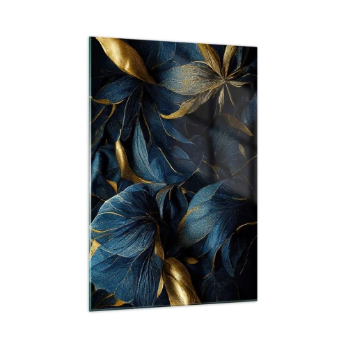 Quadro su vetro - Eleganti foglie nei toni dell'oro e del blu navy - 70x100cm - Foderati d'oro - Decorazione murale moderna per soggiorno e camera da letto ARTTOR
