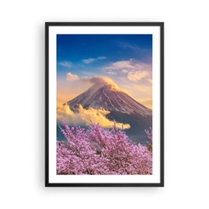 Poster in cornice nera - Il monte Fuji circondato dai fiori di ciliegio al tramonto - 50x70cm - Sacralità giapponese - Decorazione murale moderna per soggiorno e camera da letto ARTTOR