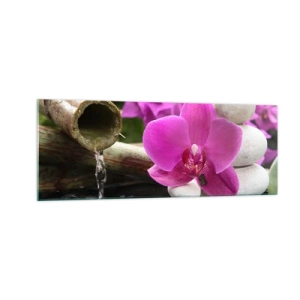 Quadro su vetro - Orchidea viola, pietre e bambù con acqua in un ambiente rilassante - 140x50cm - E già ti riposi - Decorazione murale moderna per soggiorno e camera da letto ARTTOR