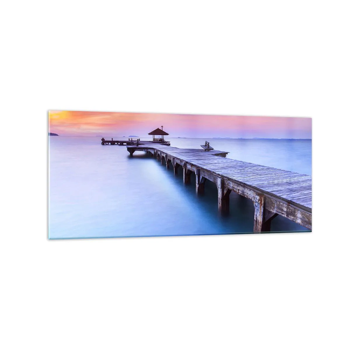 Quadro su vetro - Molo di legno che conduce all'acqua durante il tramonto - 120x50cm - Un mare di pace fino all'orizzonte - Decorazione murale moderna per soggiorno e camera da letto ARTTOR