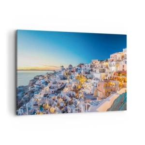 Quadro su tela - Stampe su Tela - Vista di una città greca al tramonto - 120x80cm - Essenza della grecità - Decorazione murale moderna per soggiorno e camera da letto ARTTOR