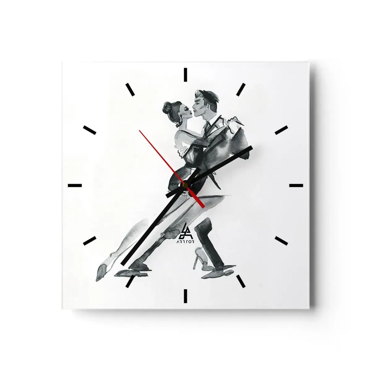 Orologio da parete - Orologio in Vetro - Una delicata illustrazione di una coppia che balla in stile monocromatico. - 30x30cm - In un unico ritmo - Decorazione murale moderna per soggiorno e camera da letto ARTTOR