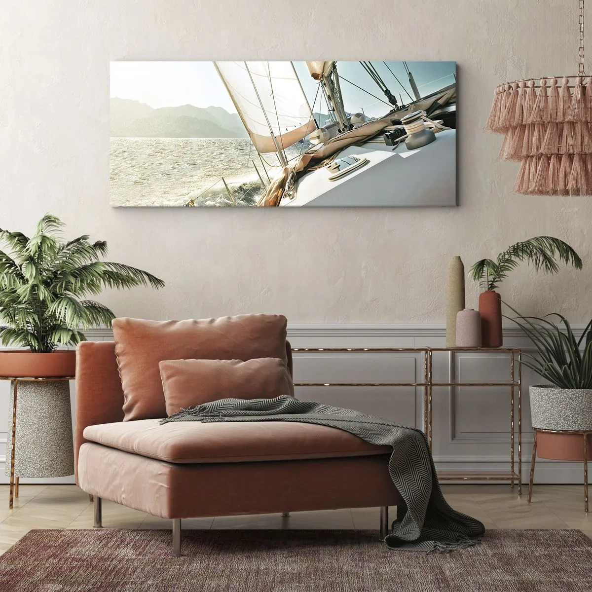 Quadro su tela - Stampe su Tela - Uno yacht in mare aperto con vista sulle montagne - 120x50cm - A vele spiegate - Decorazione murale moderna per soggiorno e camera da letto ARTTOR