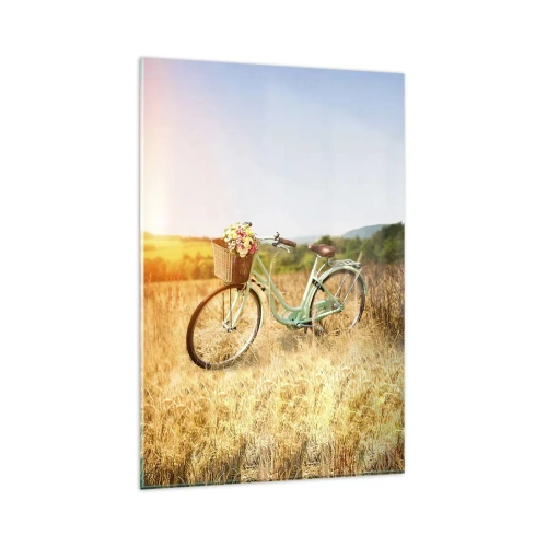 Quadro su vetro - Una bicicletta retrò con un cesto pieno di fiori sullo sfondo di un prato. - 80x120cm - Resto qui un attimo - Decorazione murale moderna per soggiorno e camera da letto ARTTOR