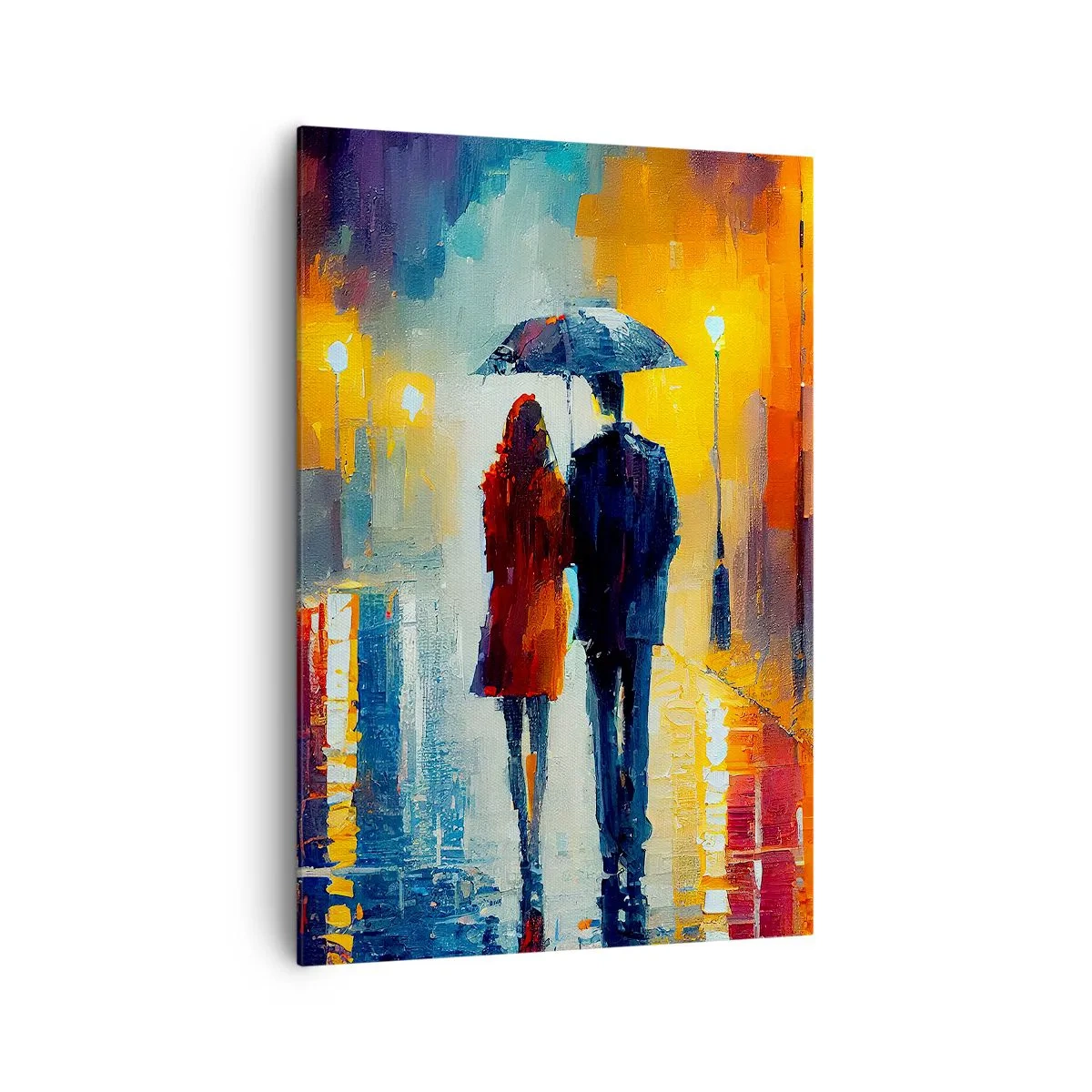 Quadro su tela - Stampe su Tela - Una coppia sotto un ombrello che cammina attraverso una colorata città notturna - 70x100cm - Insieme la notte è colorata - Decorazione murale moderna per soggiorno e camera da letto ARTTOR