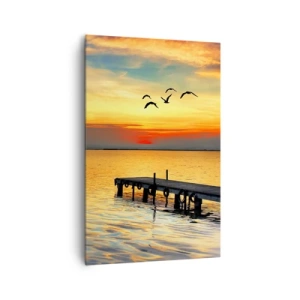 Quadro su tela - Stampe su Tela - Tramonto con barca a vela e molo su un lago calmo - 80x120cm - Il ritorno alla sera - Decorazione murale moderna per soggiorno e camera da letto ARTTOR