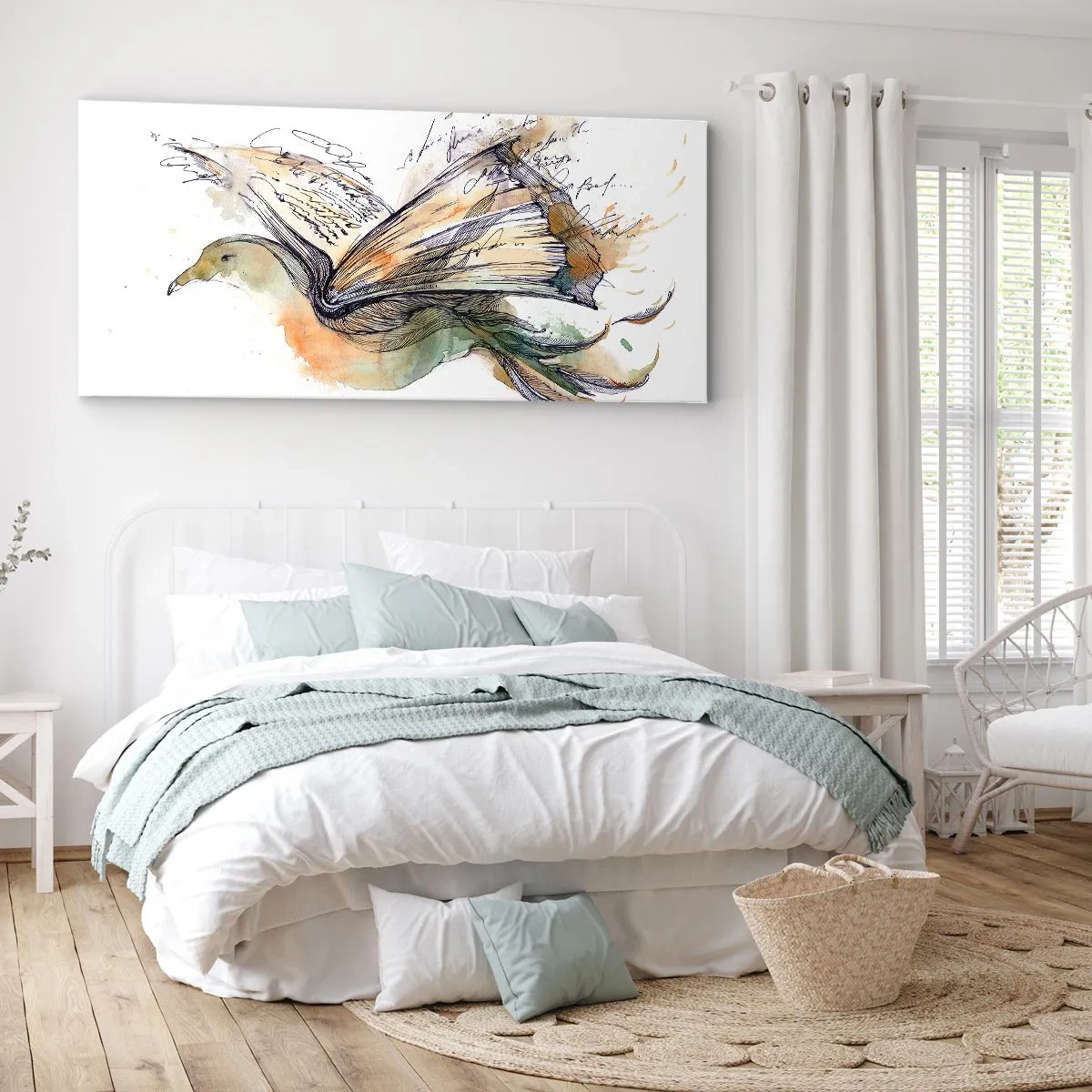 Quadro su tela - Stampe su Tela - Dipinto artistico ad acquerello di un uccello con un libro come ali - 140x50cm - Sulle ali della poesia - Decorazione murale moderna per soggiorno e camera da letto ARTTOR