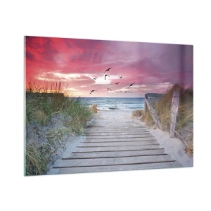 Quadro su vetro - Sentiero per la spiaggia al tramonto con uccelli che volano - 100x70cm - Impressioni baltiche - Decorazione murale moderna per soggiorno e camera da letto ARTTOR