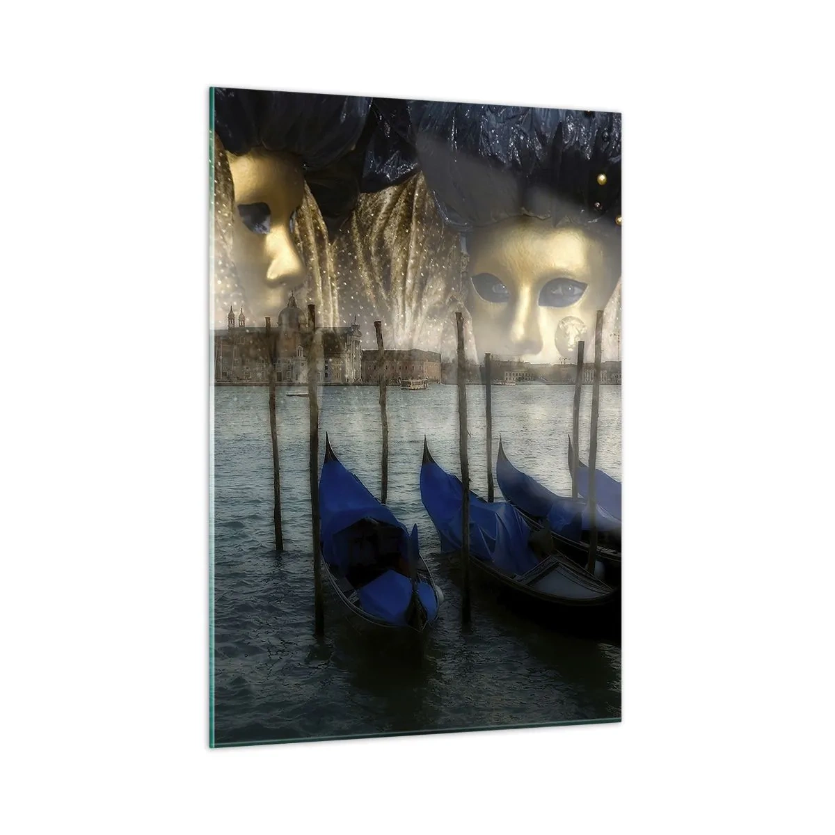 Quadro su vetro - Venezia con gondole e maschere di carnevale - 50x70cm - È ora di iniziare il carnevale - Decorazione murale moderna per soggiorno e camera da letto ARTTOR