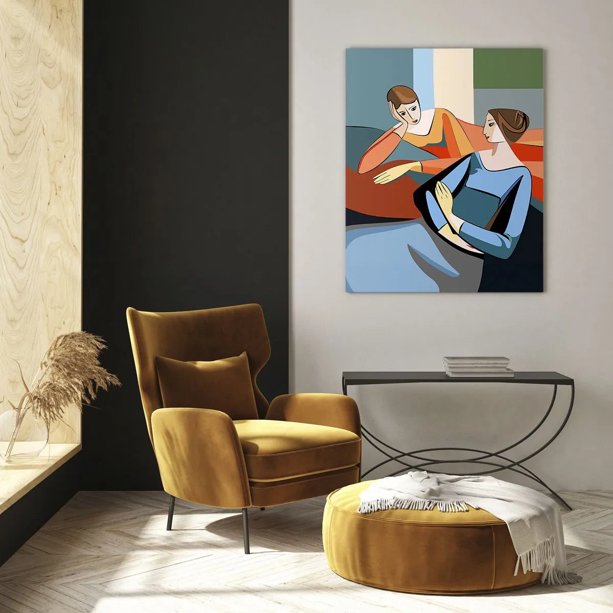 Quadro su vetro - Illustrazione astratta di due donne in stile cubista - 80x120cm - Il momento delle confidenze - Decorazione murale moderna per soggiorno e camera da letto ARTTOR