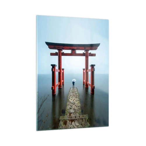 Quadro su vetro - Un torii rosso su acque calme in un ambiente nebbioso - 50x70cm - Meditazione giapponese - Decorazione murale moderna per soggiorno e camera da letto ARTTOR