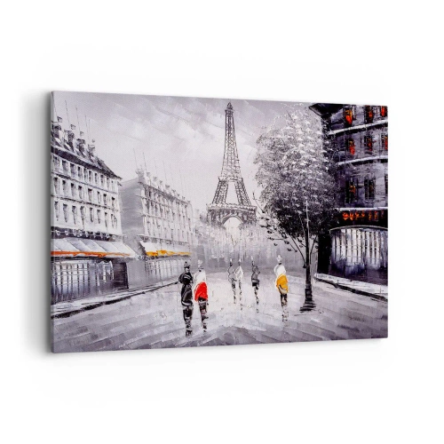 Quadro su tela - Stampe su Tela - Una vista della Torre Eiffel in un ambiente monocromatico con accenti di colore - 100x70cm - Passeggiata a Parigi - Decorazione murale moderna per soggiorno e camera da letto ARTTOR