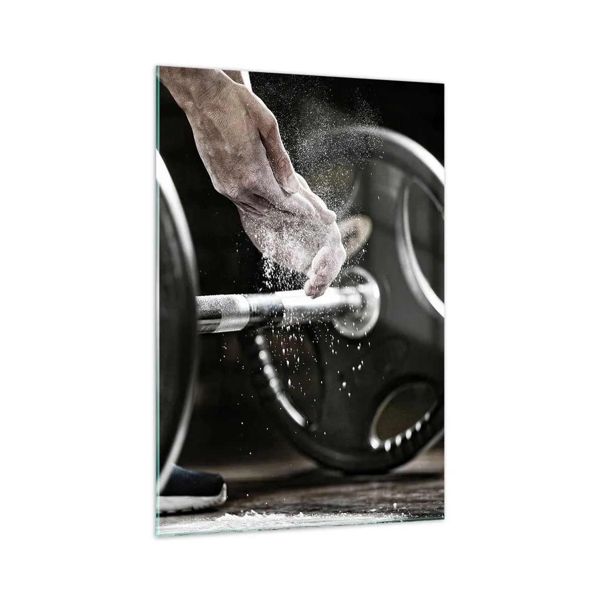 Quadro su vetro - Manubri e mani di un atleta che si preparano per l'allenamento - 70x100cm - Sfida accettata! - Decorazione murale moderna per soggiorno e camera da letto ARTTOR