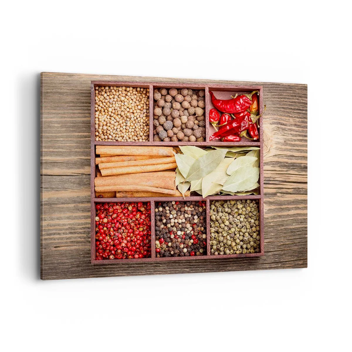 Quadro su tela - Stampe su Tela - Scatola di legno con varie spezie in scomparti - 100x70cm - Ordine delle forme, bouquet degli aromi - Decorazione murale moderna per soggiorno e camera da letto ARTTOR