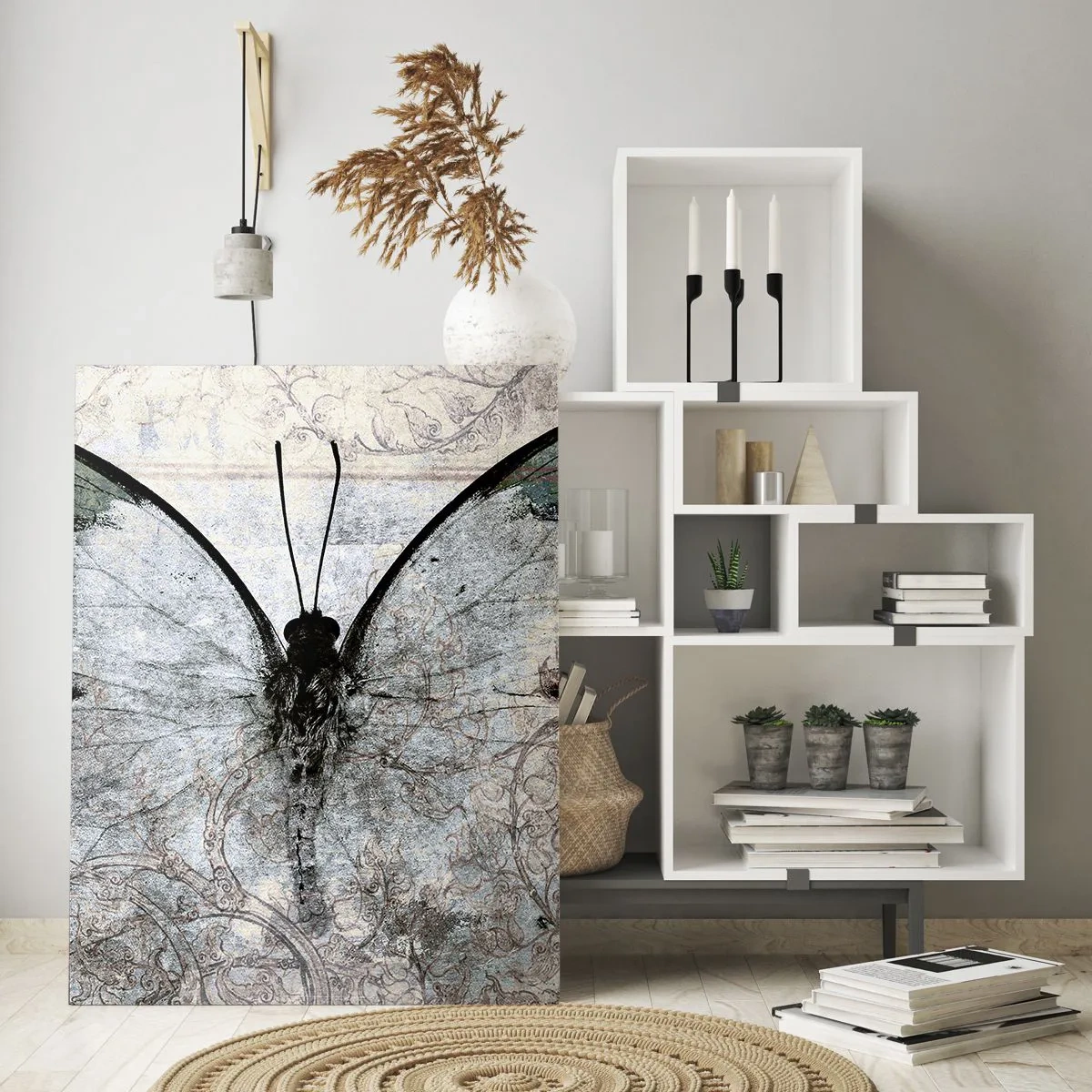 Quadro su vetro - Farfalla astratta sullo sfondo di un vecchio ornamento - 50x70cm - In stile Art Nouveau - Decorazione murale moderna per soggiorno e camera da letto ARTTOR