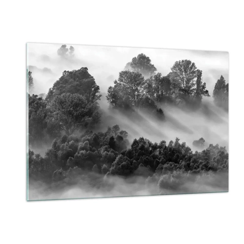 Quadro su vetro - Foresta nebbiosa alla luce del sole in bianco e nero - 120x80cm - Risveglio dal sonno - Decorazione murale moderna per soggiorno e camera da letto ARTTOR