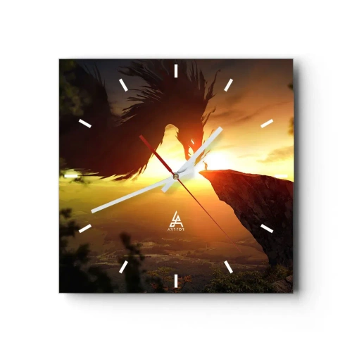 Orologio da parete - Orologio in Vetro - Un drago e un uomo su una roccia al chiarore del sole al tramonto - 30x30cm - Il cacciatore di draghi - Decorazione murale moderna per soggiorno e camera da letto ARTTOR