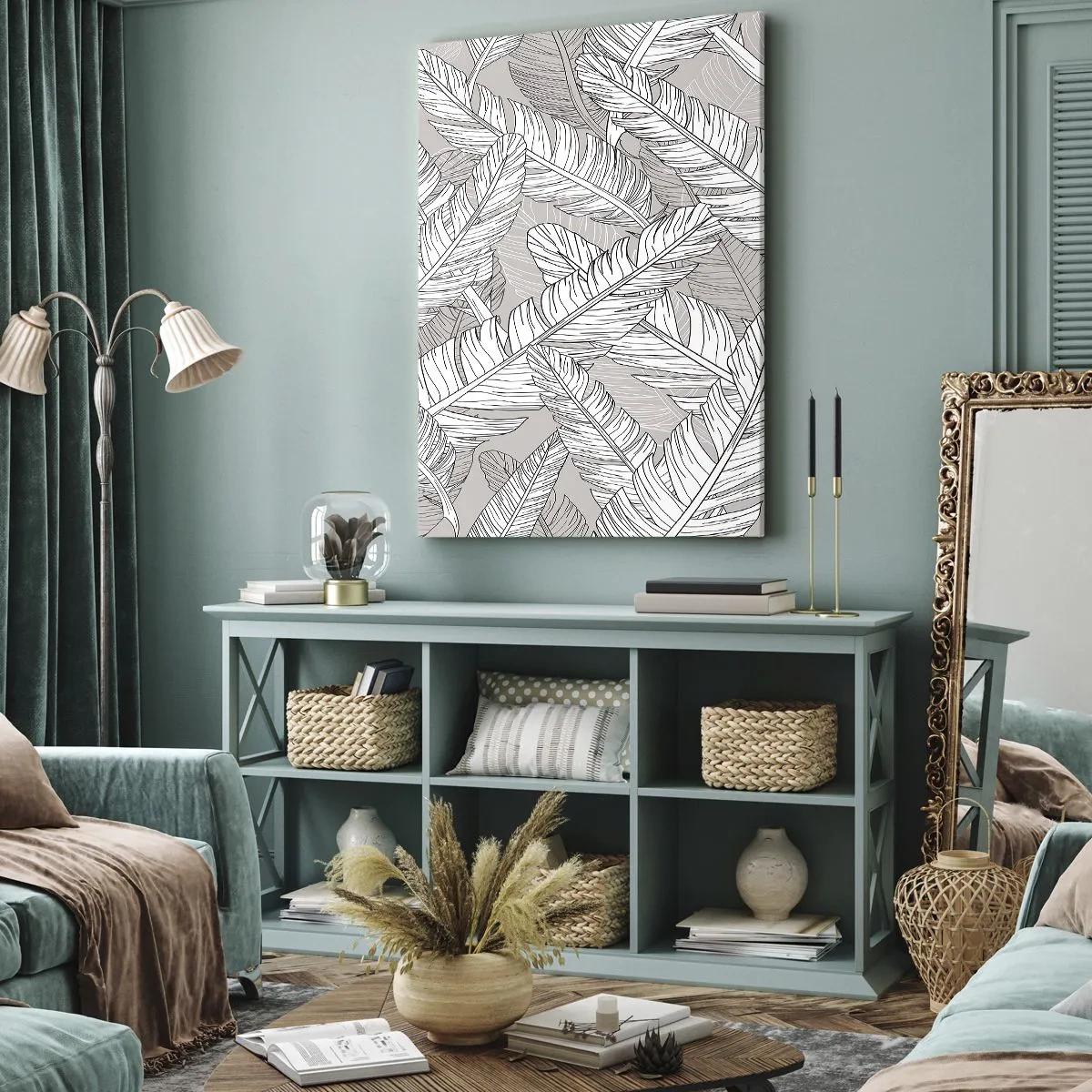 Quadro su tela - Stampe su Tela - Motivo in bianco e nero con foglie di banano su sfondo chiaro - 50x70cm - Vortice di piume - Decorazione murale moderna per soggiorno e camera da letto ARTTOR