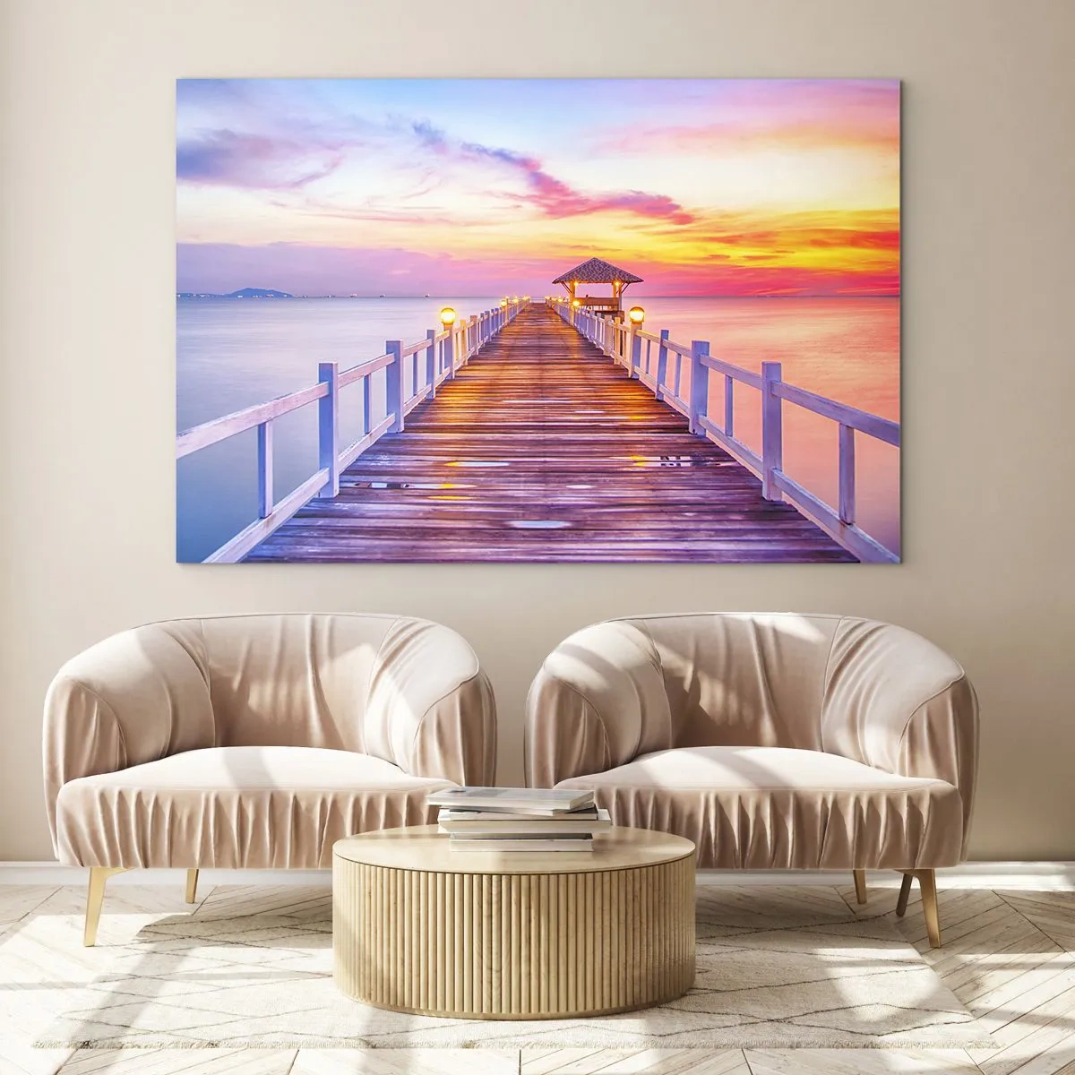 Quadro su vetro - Molo di legno al tramonto su un mare calmo - 120x80cm - Silenzio della sera in lilla e oro - Decorazione murale moderna per soggiorno e camera da letto ARTTOR