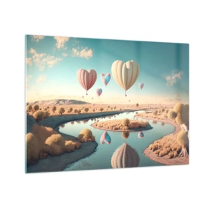 Quadro su vetro - Palloncini a forma di cuore sopra un paesaggio da favola con un fiume - 70x50cm - L'amore permette di volare - Decorazione murale moderna per soggiorno e camera da letto ARTTOR