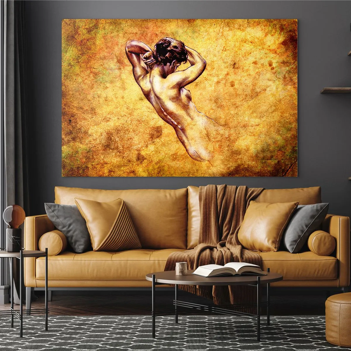 Quadro su vetro - Figura artistica di un uomo su uno sfondo d'epoca - 70x50cm - Nuda, ma sempre misteriosa - Decorazione murale moderna per soggiorno e camera da letto ARTTOR