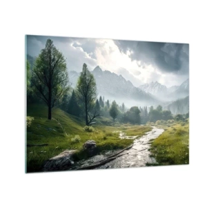 Quadro su vetro - Un paesaggio montano con un ruscello e una valle verde al mattino - 70x50cm - Andata e ritorno - Decorazione murale moderna per soggiorno e camera da letto ARTTOR