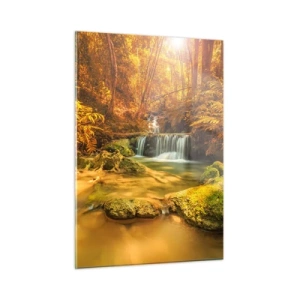 Quadro su vetro - Cascata nella foresta in oro - 50x70cm - Cascata boschiva in oro - Decorazione murale moderna per soggiorno e camera da letto ARTTOR