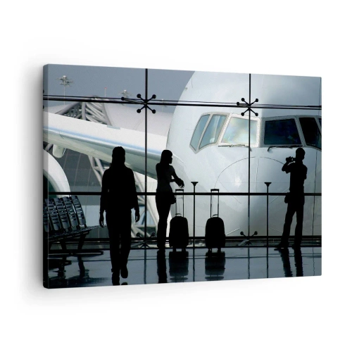 Quadro su tela - Stampe su Tela - Aeroporto con sagome di persone e vista dell'aereo - 70x50cm - Faccia a faccia in aeroporto - Decorazione murale moderna per soggiorno e camera da letto ARTTOR