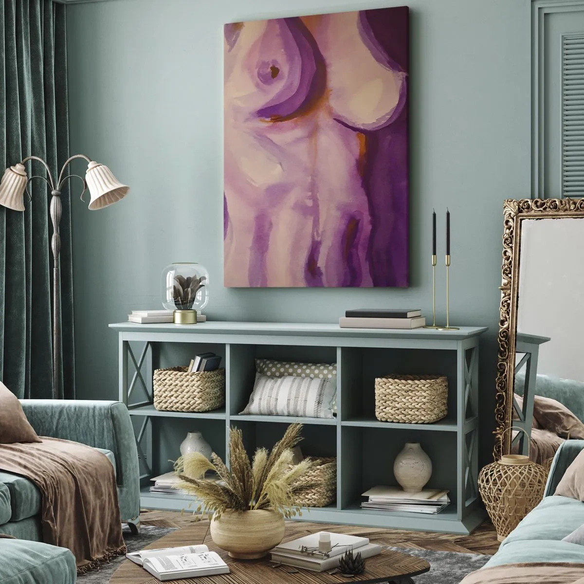 Quadro su tela - Stampe su Tela - Un'interpretazione astratta della silhouette femminile nei toni del rosa e del viola. - 50x70cm - Ode alla femminilità - Decorazione murale moderna per soggiorno e camera da letto ARTTOR