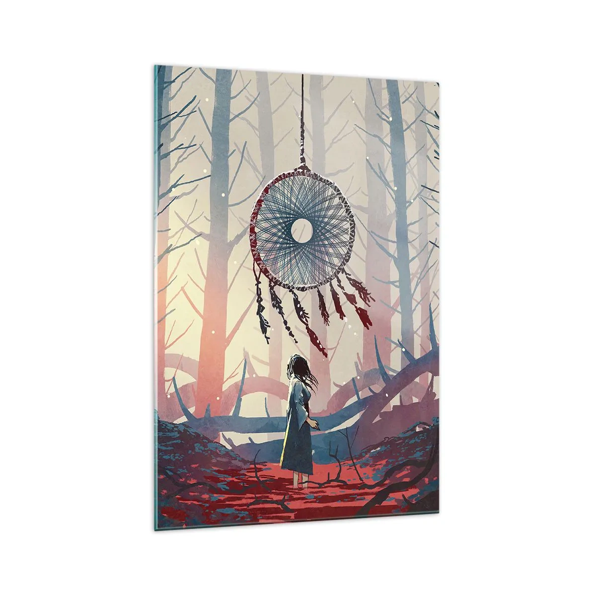 Quadro su vetro - Scena di foresta con un gigantesco acchiappasogni - 70x100cm - Il rituale segreto della felicità - Decorazione murale moderna per soggiorno e camera da letto ARTTOR