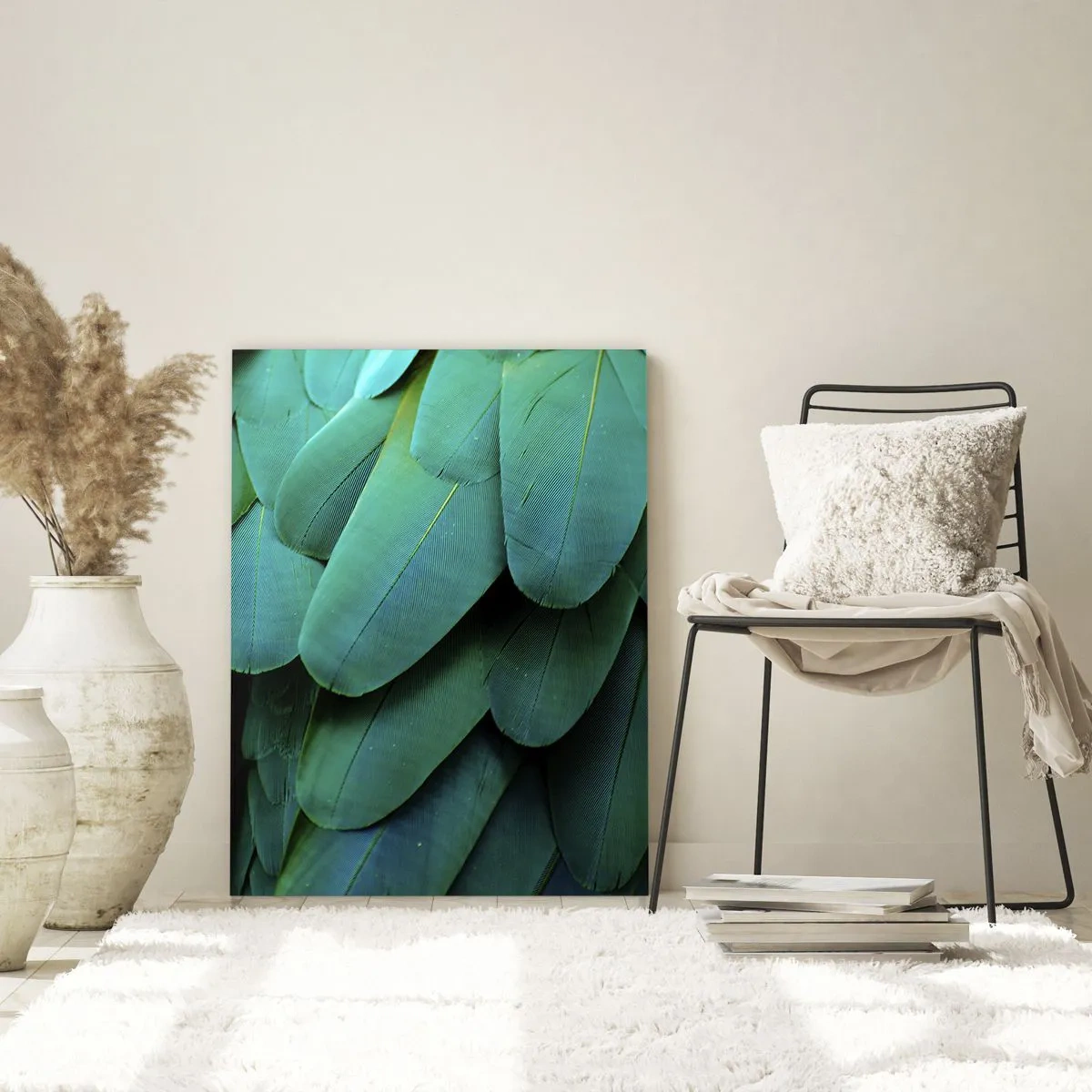 Quadro su vetro - Primo piano delle piume di un pappagallo di un verde intenso. - 50x70cm - Precisione da pappagallo - Decorazione murale moderna per soggiorno e camera da letto ARTTOR